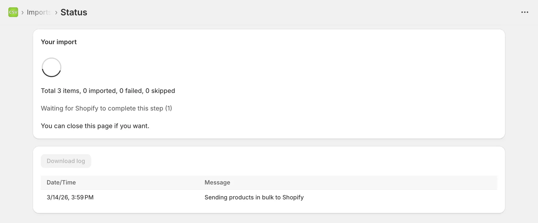 Simple CSV import summary page showing completed import results