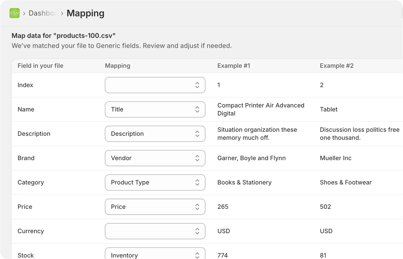 Simple CSV column mapping interface for matching CSV headers to Shopify fields