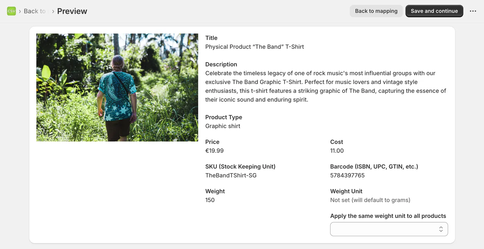 Simple CSV product import preview screen before starting an import